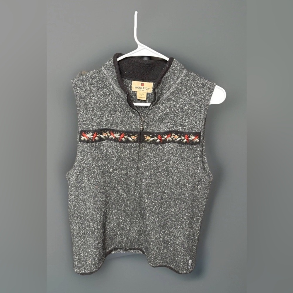 Woolrich Womens Small Charcoal Heather Fleece Vest Bird Cardinal Embroidered Zip